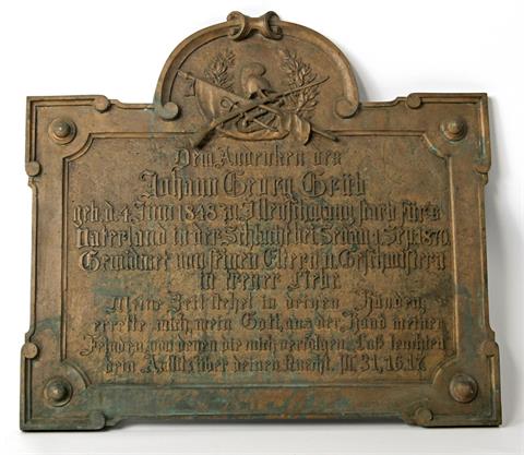 Andenkenplatte 'Johann Georg Grüh starb fürs Vaterland 1.9.1870 bei Sedan',