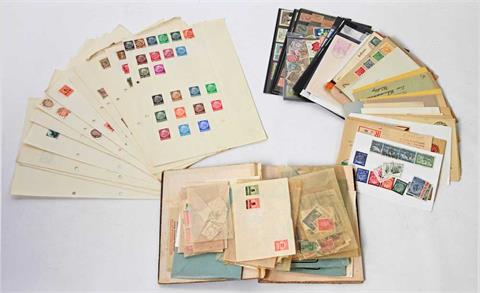 Briefmarken - Alle Welt. Kleiner Karton mit 1 Album, Steckkarten, Umschlägen