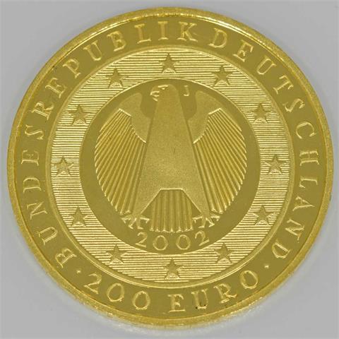 BRD/GOLD - 200 Euro 2002, Währungsunion, Originalzertifikat und Etui,