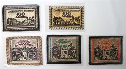 Notgeld aus Textil, 5 Exemplare - Konvolut: Stadtsparkasse Bielefeld / u.a, 700 Jahrfeier der Stadt 1921,