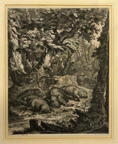 RIDINGER, JOH.ELIAS (1698-1767): Folge von vier Kupferstichen mit Darstellungen heimischer Tiere.
