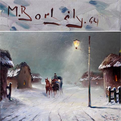 BORBELY, MICHAEL (*1923): Winterliche Dorfstraße mit Pferdefuhrwerk.