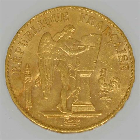 Frankreich - 20 Francs 1876/A, stehender Genius, GOLD,