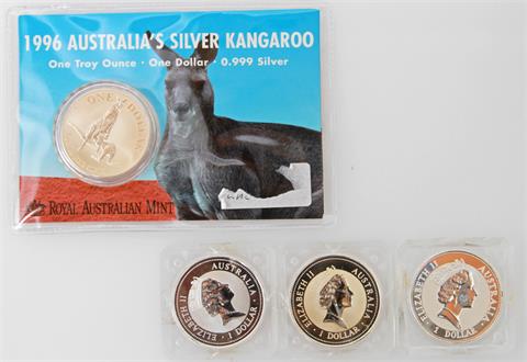 Australien - Konvolut: 4 Silberunzen, 3 x Kookaburra 1993, 1996 + 1997,