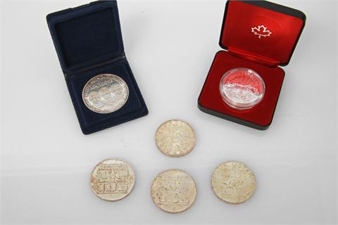 Österreich / Kanada - Konvolut: 3 x 100 Schillinge, 1 x 50 Schilling, 1 Dollar Kanada 1980 und eine Silbermedaille.