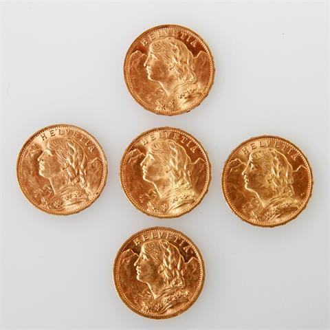 Schweiz/GOLD - 5 x 20 Franken Vreneli, 1 x 1898 B,