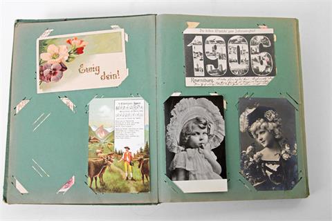 Postkarten - Album mit teils seltenen und gefragten Motiven, z. B. Zeppelinflug Ravensburg,