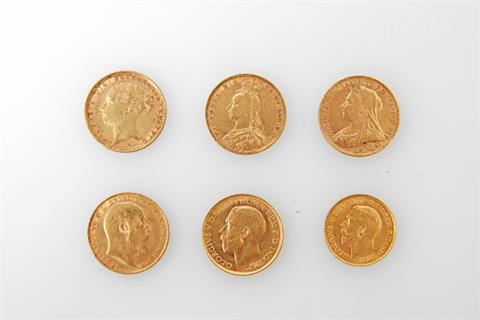 Großbritannien - Konvolut: 5 x GBP (1887/92/93/07/14) + 1/2 GBP (1925),