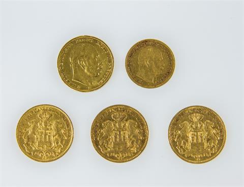 Deutsches Reich/GOLD - Konvolut: 4 x 10 Mark und 1 x 5 Mark.