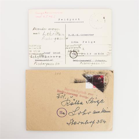 Briefmarken - Allierte Besetzung - Überroller-Belege. Brief von Augsburg (1945) nach Lohr am Main. Mit geschwärzter 12 Pf.
