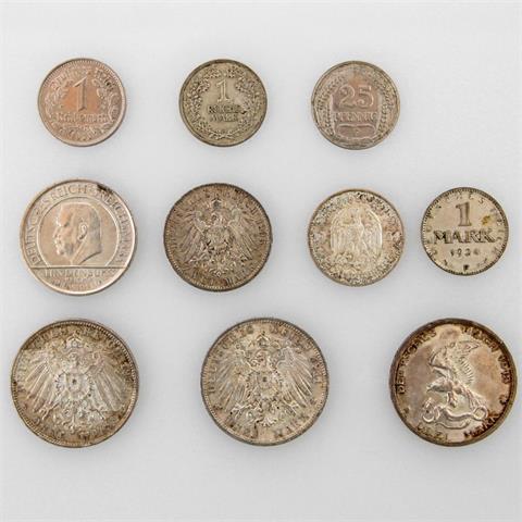 Deutsches Kaiserreich/Weimarer Republik/III. Reich - Kleines Konvolut mit diversen Münzen,