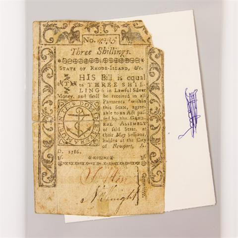 Vereinigte Staaten von Amerika - Rhode Island, City of Newport: Banknote über 3 Shillings 1786,