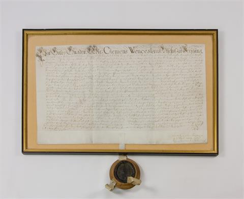 Pergamenturkunde mit Wachssiegel des Clemens Wenceslaus Bischof zu Freyßing, Königl. Prinz in Pohlen usw.