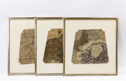 3 hinter Glas gerahmte Kupferstiche in Form von Landkarten wohl von TOBIAS CONRAD LOTTER (1717-1777),