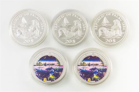 Palau - Konvolut: 5 x 5 Unzen 20 Dollars 1994, Marine-Life Protection Farbmünzen,