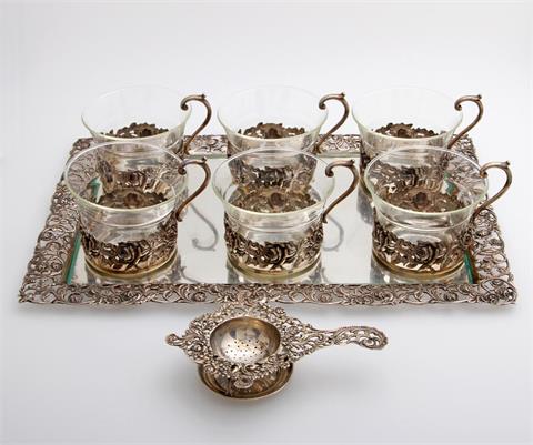 DEUTSCH Tee-Set auf Tablett, Silber/ Glas, 20. Jh.