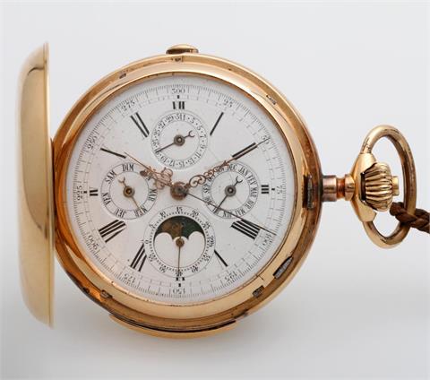 Taschenuhr, Savonette, um 1900, mit Minutenrepetition, Chronograph, Kalender und Mondphase.
