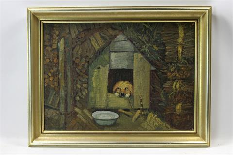 MAYER-SAHL  (Deutscher Maler 1. Hälfte 20. Jh.): Hund in seiner Hundehütte, 20. Jh.,