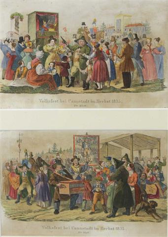 VOLTZ, JOH. MICHAEL ATTR . (1784-1858): 2 Grafiken "Volksfest bei Cannstatt im Herbst 1835/ Ies und IIes Blatt (Die Geschichte