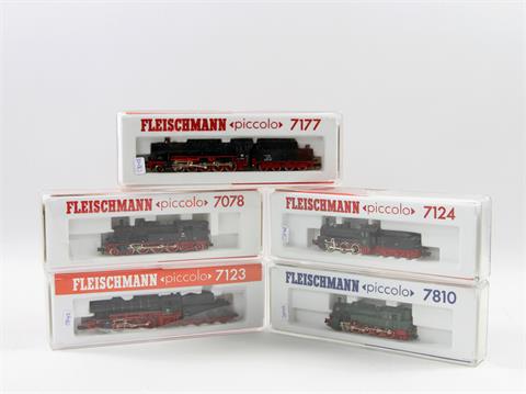FLEISCHMANN "piccolo" fünf Lokomotiven 7078, 7177, 7810, 7123 und 7124, Spur N,
