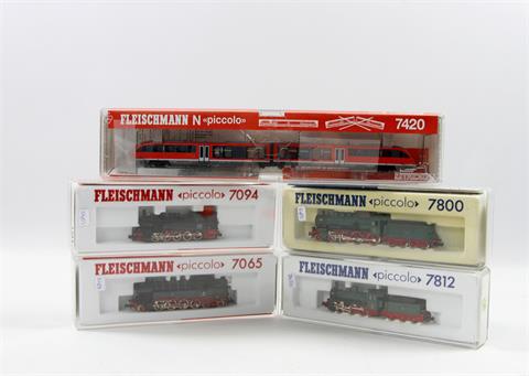 FLEISCHMANN "piccolo" fünf Lokomotiven 7420, 7094, 7812, 7065 und 7800, Spur N,