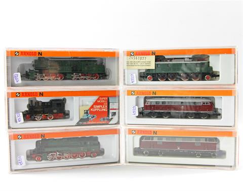 ARNOLD sechs Lokomotiven 2281, 2242, 2276, 2051, 2456 und 2023, Spur N,