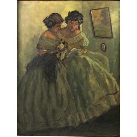 Genremaler (20. Jh.): 2 Damen in Biedermeierkleidern eine Brief lesend, deutsch 1920er Jahre.