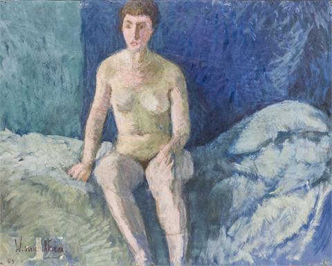 AKEN, WIM VAN (1933-2015): Weiblicher Akt, auf einem Bett sitzend, 1959.