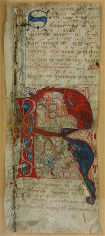 Wohl 12./13. Jh. (?): Fragment einer Neumen-Handschrift, Inititale "R" mit Lamm Gottes.