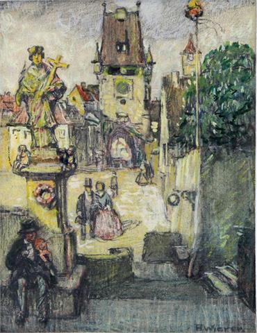 WIERER, ALOIS (1878-1963): Beschauliche Szene an einem mittelalterlichen Stadttor.