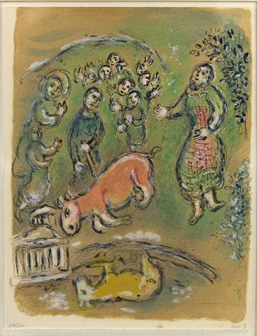 CHAGALL, MARC (1887-1985): 1 Bl. aus der Serie "Odyssee" von Homer: "Nestor opfert der Athene eine Kuh", 1972-1974,