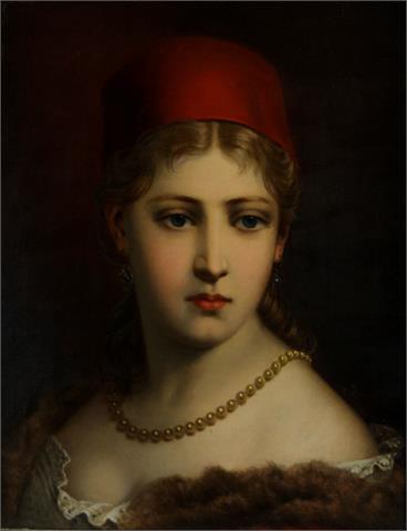 RUSS, FRANZ (Attr.; 1844-1906): Bildnis eines Mädchen mit Perlenkette und roter Kappe, wohl 19. Jhd.,