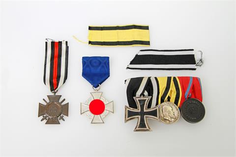 Württemberg/Deutsches Reich - Ordensschnalle mit 3 Dekorationen aus EK 2. Klasse 1914, Silberner Militärverdienstmedaille und