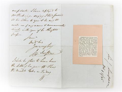 Historischer Brief datiert York 15.10.1845,