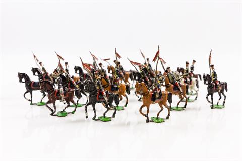 20 Zinnfiguren, Fahnenträger zu Pferd (3 Pferde ohne Reiter),