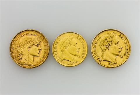 Frankreich/GOLD - Konvolut: 2 x 20 Francs und 1 x 10 Francs: