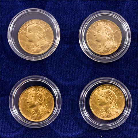 Schweiz/GOLD - Konvolut: 4 x 20 Franken Vreneli, 3 x 1935 LB und 1 x 1947 B,