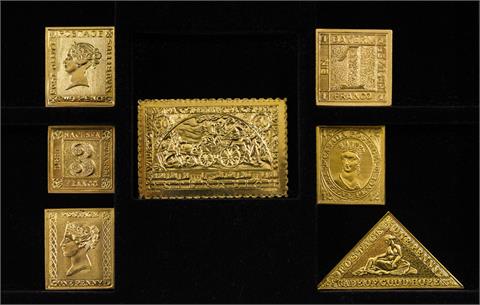 GOLDPLAKETTEN in Briefmarkenform, 7 Stück, Gold .900 und .999,9.