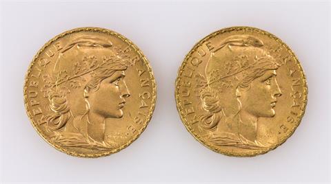 Frankreich/GOLD - Konvolut: 2 x 20 Francs 1907 Marianne und Coq,