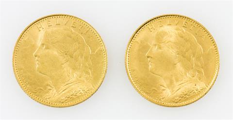 Schweiz/GOLD - Konvolut: 2 x 10 Franken 1922,