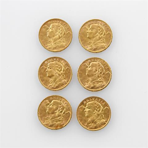 Schweiz/GOLD - Konvolut: 6 x 20 Franken Vreneli, Jg. 1915, 1916 (2x), 1927, 1930 und 1935,