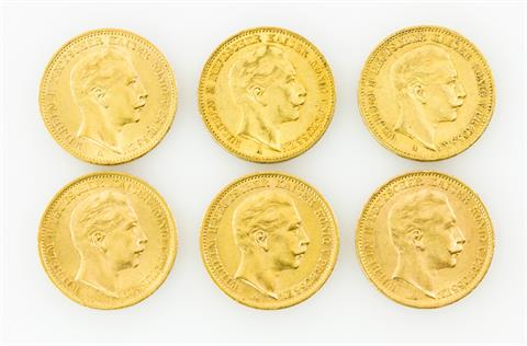 Preussen/GOLD - Konvolut: 6 x 20 Mark Wilhelm II.,