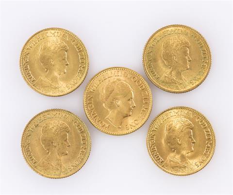 Niederlande/GOLD - Konvolut: 5 x 10 Gulden, 1912, 1917 (3x) und 1932,