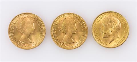 Großbritannien/GOLD - Konvolut: 3 x 1 Sovereign, 1 x 1913 Georg V., 2 x 1958 Elisabeth mit Schleife,