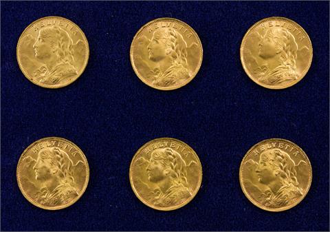 Schweiz/GOLD - Konvolut: 6 x 20 Franken Vreneli, Jg. 1922 B und 5 x 1935 LB