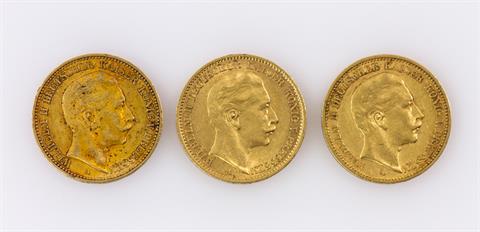 Preussen/GOLD - Konvolut: 3 x 20 Mark Wilhelm II.,