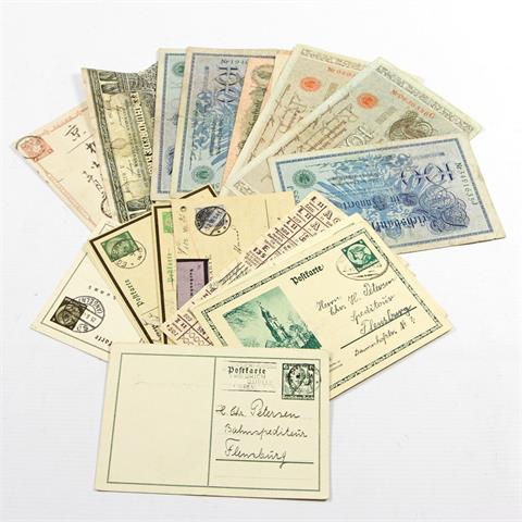 Konvolut: Historische Postkarten/Ganzsachen und Banknoten,