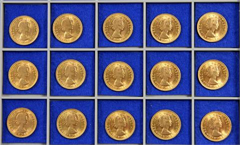 Großbritannien/GOLD - Konvolut: 15 x 1 Sovereign 1966, Elisabeth II. mit Schleife,