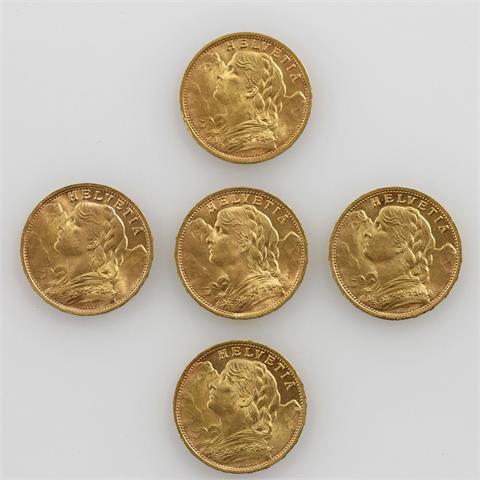 Schweiz/GOLD - Konvolut: 5 x 20 Franken Vreneli,