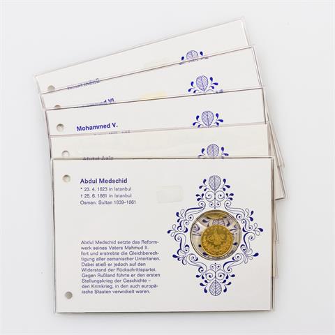 Türkei/GOLD - Konvolut: 5 x 100 Piaster, Abdul Medschid, Abdul Aziz, Mohammed V., Mohammed VI., Ismet Inönü,
